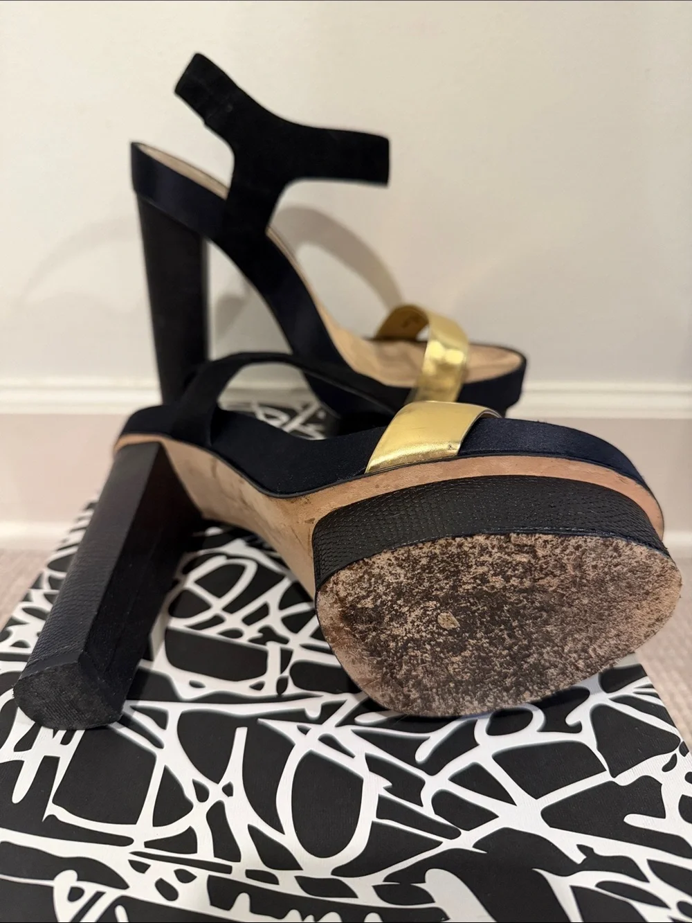 Diane Von Furstenberg Black and Gold Platform Block Heel Sandals
